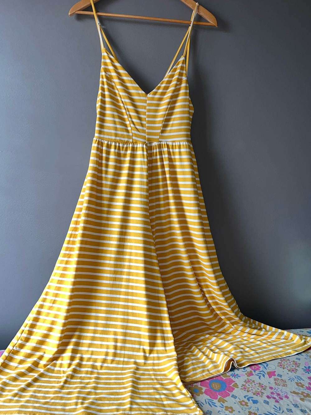 Poof New York Yellow and White Striped Spaghetti Strap Maxi Jumpsuit
